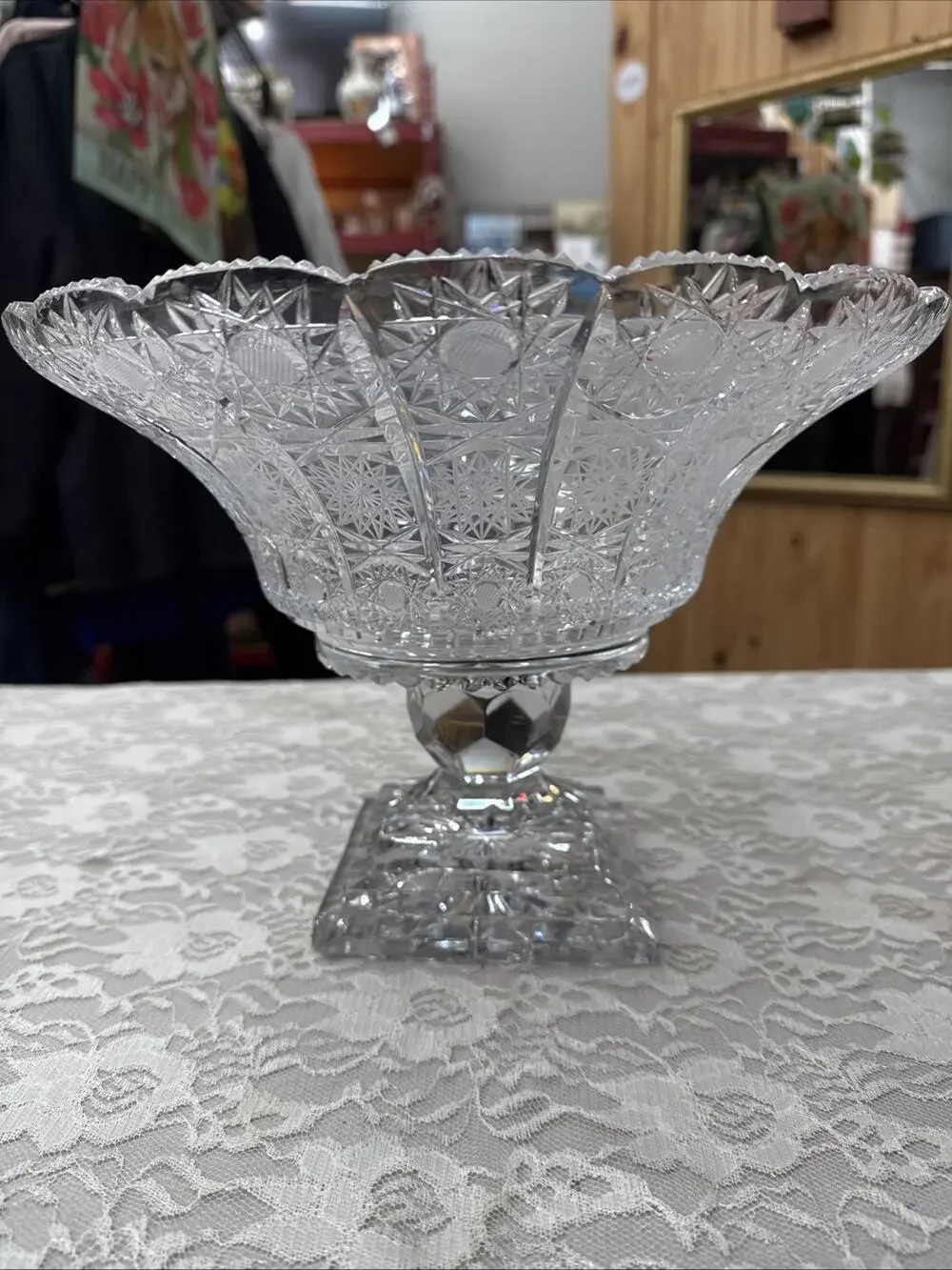 Vintage Imperlux Lead Crystal Queens Lace Cut Compote Bowl Square Base Pedestal